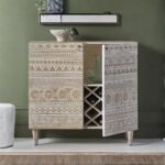 Handcrafted Wooden Bar Cabinet with Geometric Tribal Carvings – Rustic Wine Storage