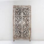 Handcrafted antique white carved wooden wardrobe cabinet with intricate floral design – front view