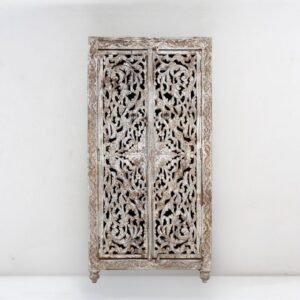 Handcrafted antique white carved wooden wardrobe cabinet with intricate floral design – front view