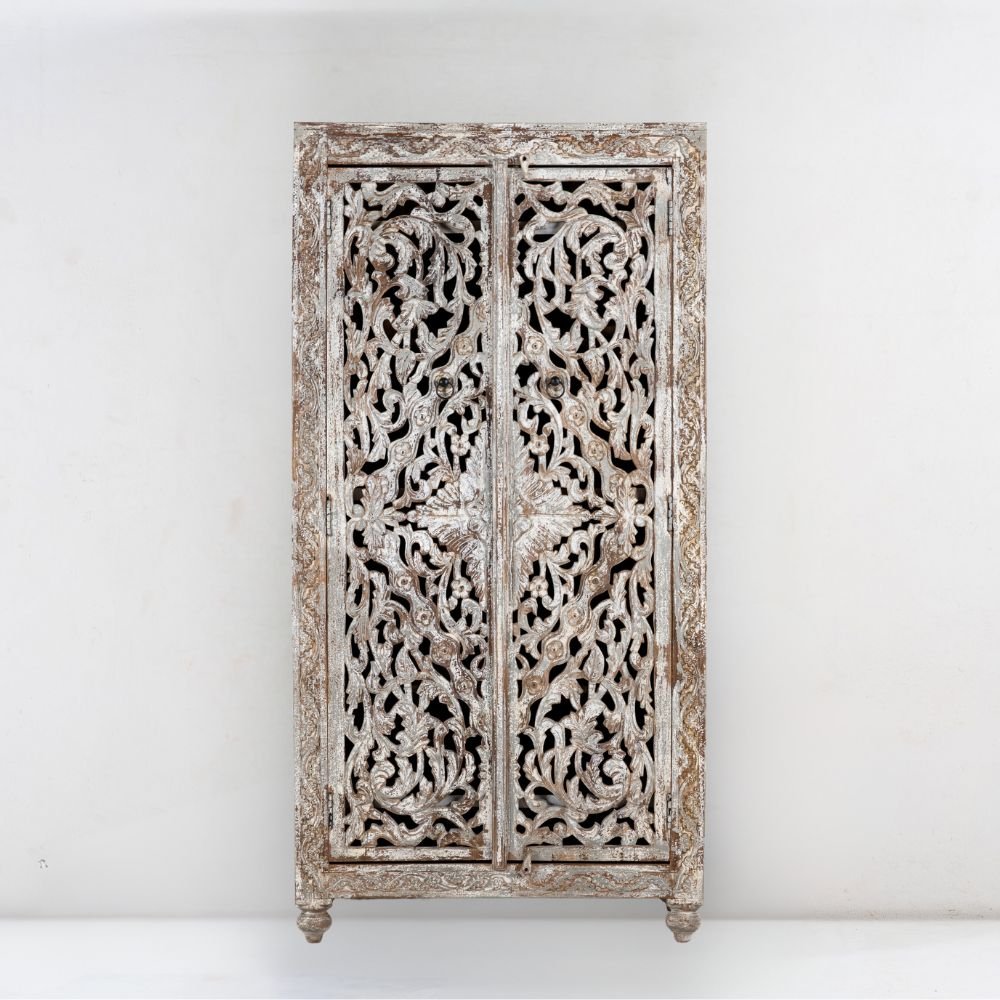 Handcrafted antique white carved wooden wardrobe cabinet with intricate floral design – front view