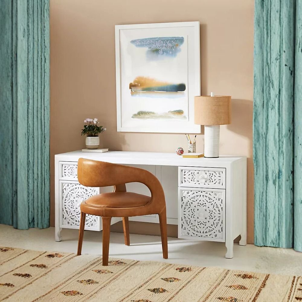 Hand-Carved Wooden Desk – Lombok Executive Desk Carving White Floral Carving Office Table with Storage Drawers