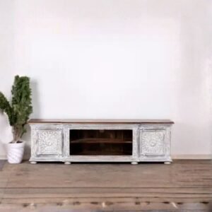 Handcrafted carved wooden TV cabinet in white distressed finish with natural wood top – 180 cm media console by Haveli East West Designs.