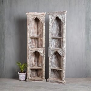 Handcrafted jharokha carved tall wooden bookrack and display cabinet with traditional Indian design