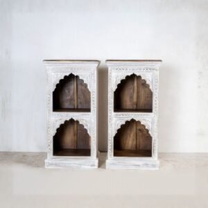 Elegant hand carved small wooden bookrack and display cabinet with traditional Indian arch design