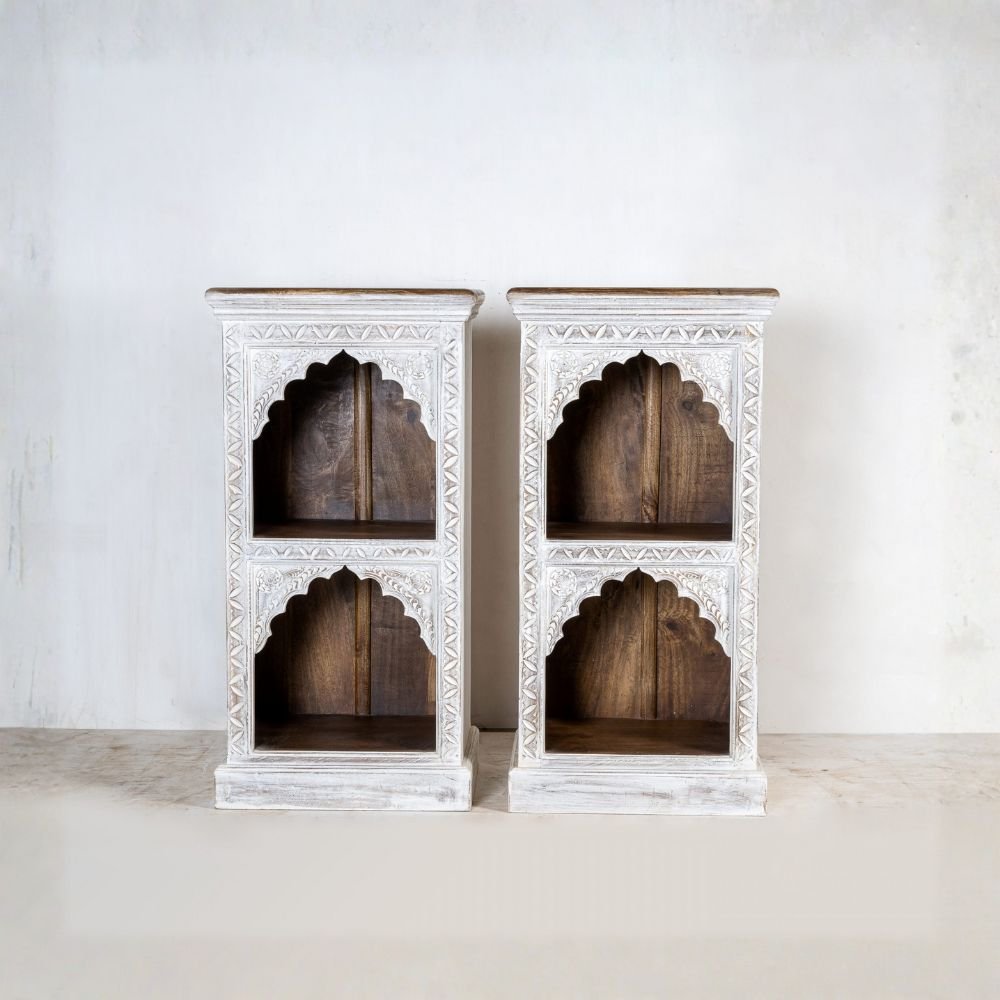 Elegant hand carved small wooden bookrack and display cabinet with traditional Indian arch design