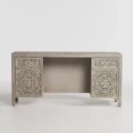 Hand-Carved Wooden Desk – Lombok Executive Desk Carving White washed Floral Carving Office Table with Storage Drawers