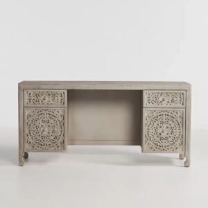Hand-Carved Wooden Desk – Lombok Executive Desk Carving White washed Floral Carving Office Table with Storage Drawers