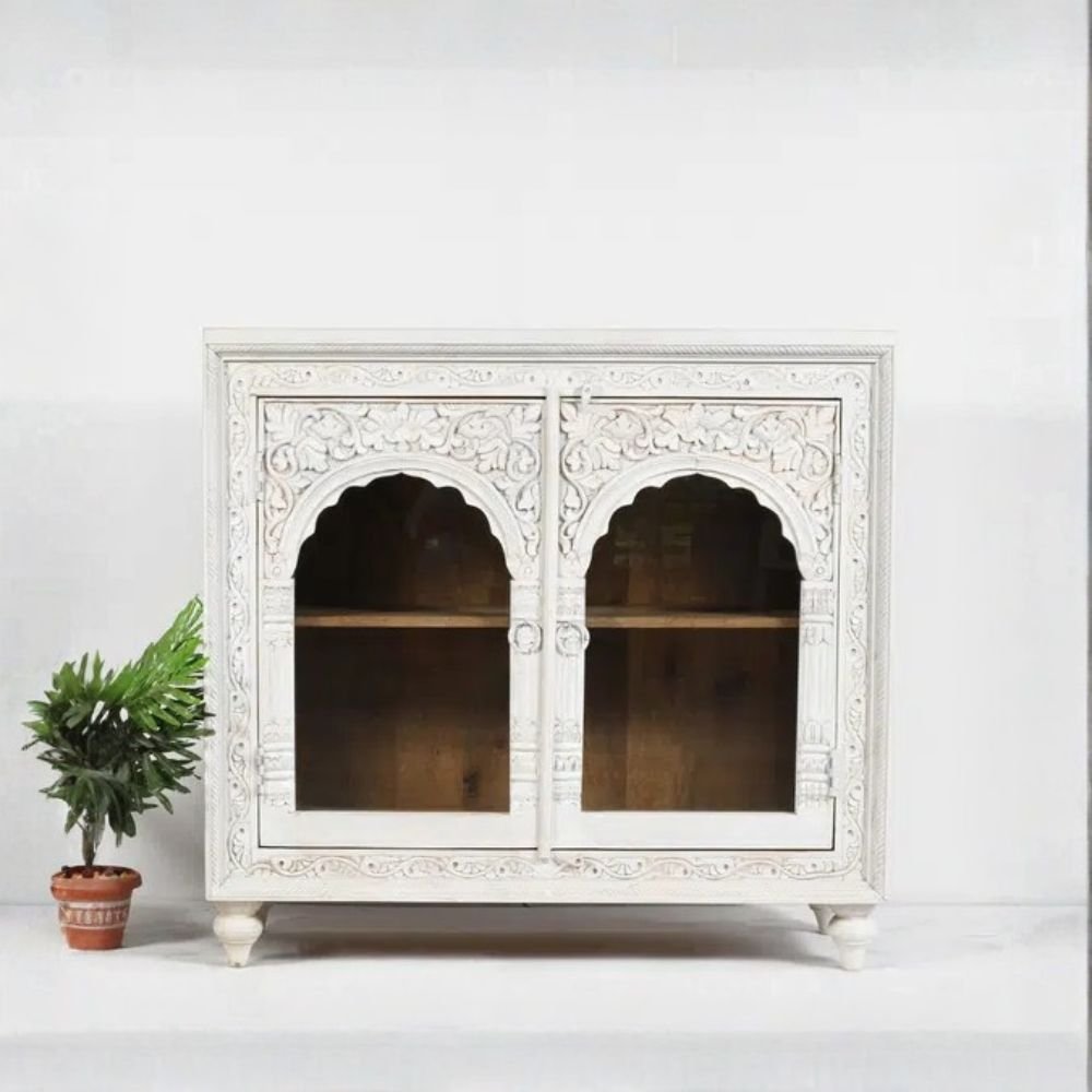 Handcrafted white carved wooden cabinet with arch glass doors – front view