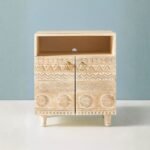 Handcrafted carved wooden nightstand with tribal patterns and open shelf – front view