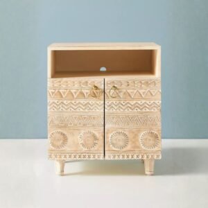 Handcrafted carved wooden nightstand with tribal patterns and open shelf – front view