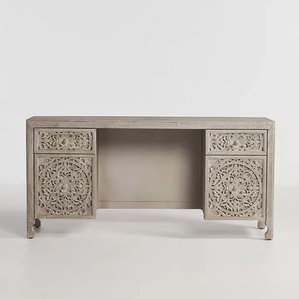 Hand-Carved Wooden Desk – Lombok Executive Desk Carving White washed Floral Carving Office Table with Storage Drawers