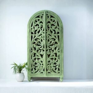 Handcrafted green carved wooden wardrobe cabinet with arched doors – front view.