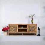 Handcrafted Solid Wood TV Cabinet with Vintage Tile Door – 160×40×60 cm | Artistic Entertainment Unit