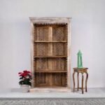 Hand carved wooden book rack cabinet with traditional Indian jali panels and display shelves