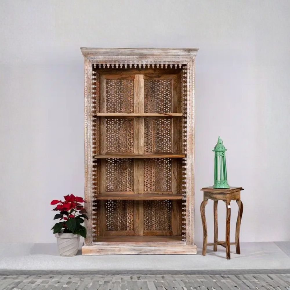 Hand carved wooden book rack cabinet with traditional Indian jali panels and display shelves