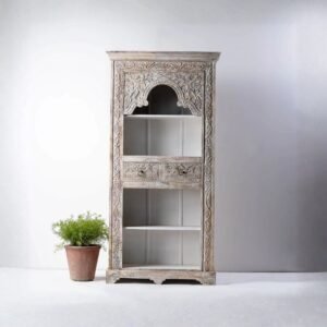 Royal hand carved wooden display and book rack cabinet with intricate Indian heritage carvings