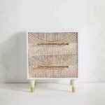White & Natural Hand-Carved Wooden Nightstand – Modern Geometric 2-Drawer Bedside Table