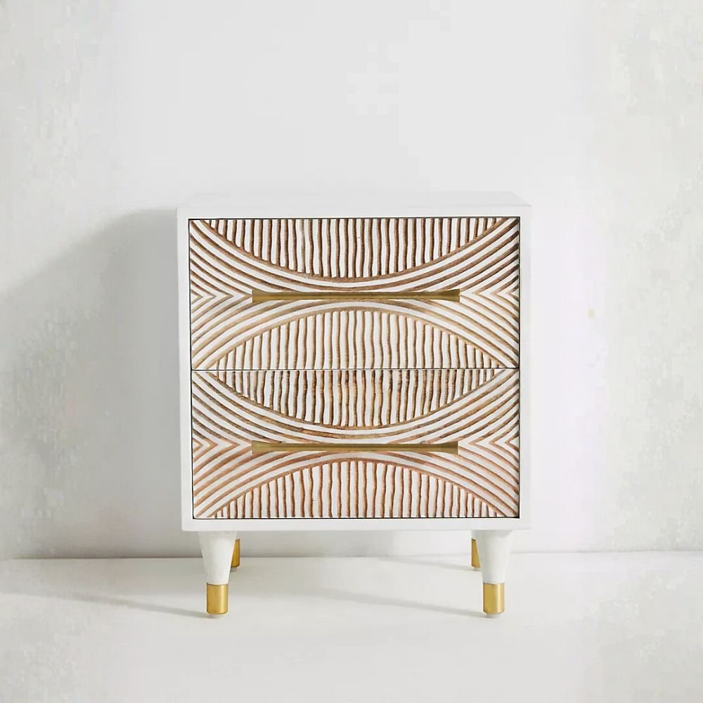 White & Natural Hand-Carved Wooden Nightstand – Modern Geometric 2-Drawer Bedside Table