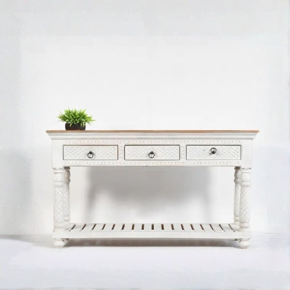 Handcrafted white carved wooden console table with three drawers, slatted bottom shelf, and natural wood top – 150 cm solid wood entryway table