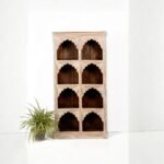 Handcrafted 9 jharokha carved wooden display cabinet with traditional Indian arch niches