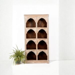 Handcrafted 9 jharokha carved wooden display cabinet with traditional Indian arch niches