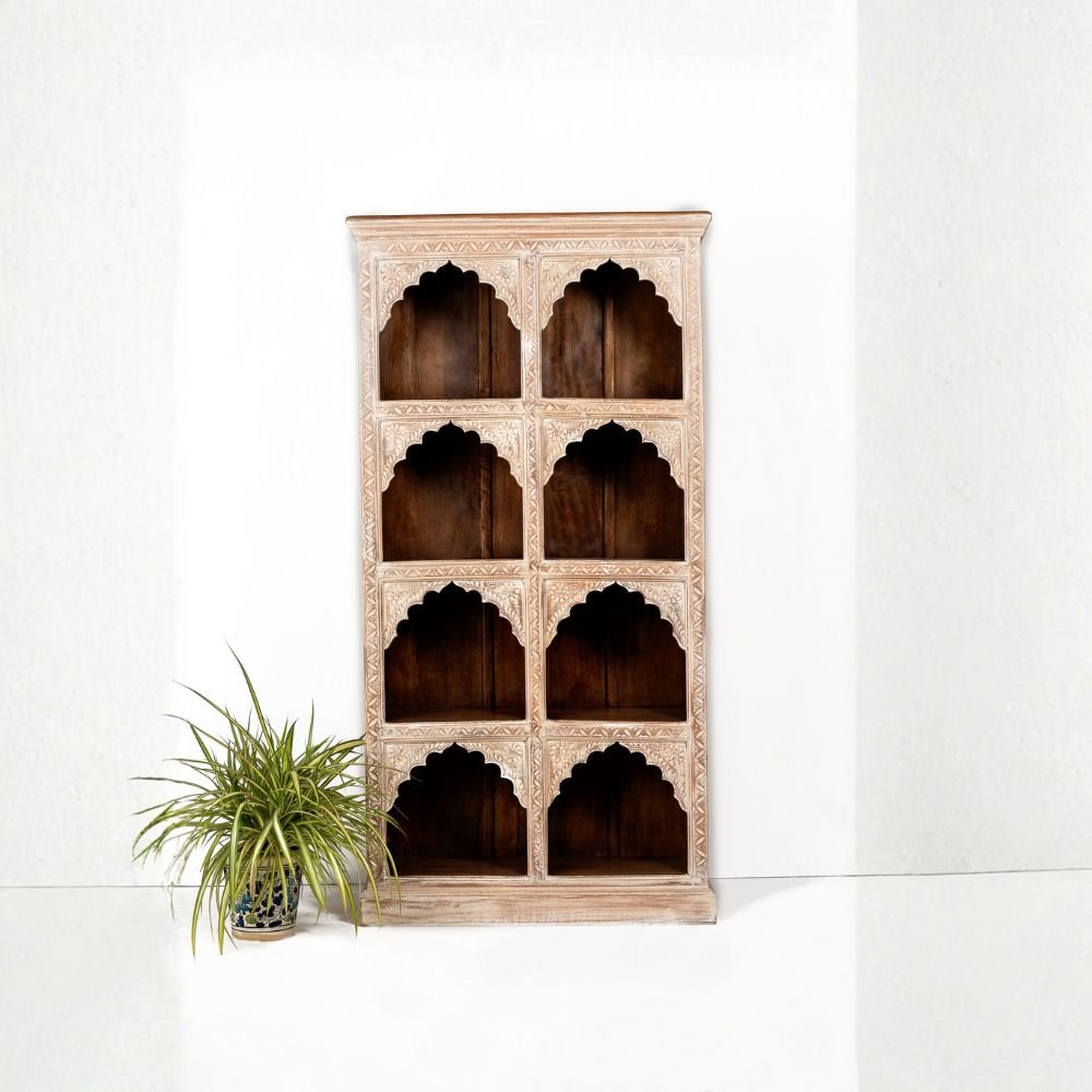 Handcrafted 9 jharokha carved wooden display cabinet with traditional Indian arch niches