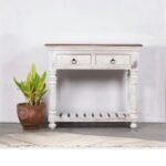 Handcrafted white carved wooden console table with two drawers, slatted bottom shelf, and ornate legs – 97 cm solid wood entryway table