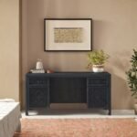 Hand-Carved Wooden Desk – Lombok Executive Desk Carving Indigo Floral Carving Office Table with Storage Drawers