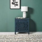 Hand-Carved Wooden Nightstand Indigo– Lombok Mandala Floral 3-Drawer Bedside Table Inspired Carving Cutouts Storage Space Bedroom