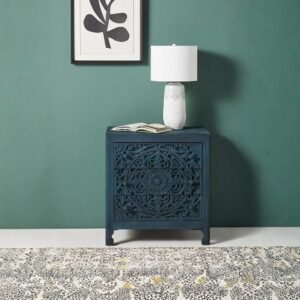 Hand-Carved Wooden Nightstand Indigo– Lombok Mandala Floral 3-Drawer Bedside Table Inspired Carving Cutouts Storage Space Bedroom