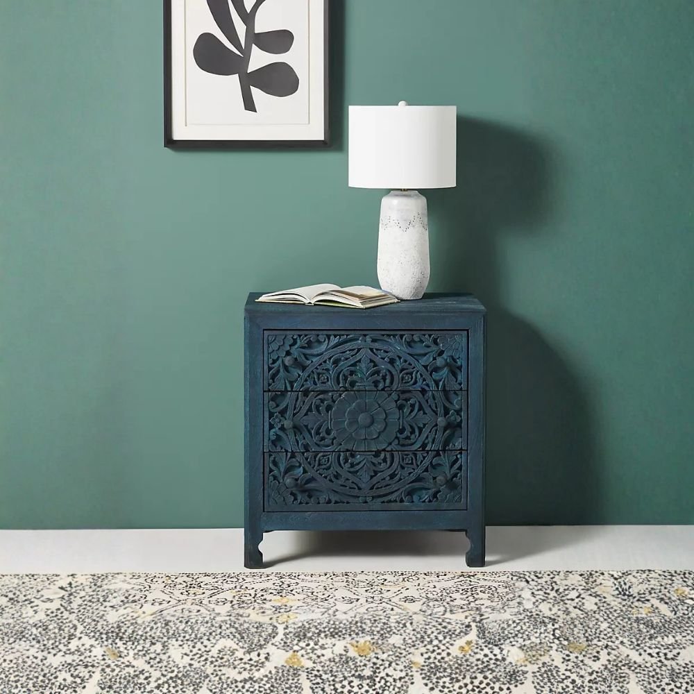 Hand-Carved Wooden Nightstand Indigo– Lombok Mandala Floral 3-Drawer Bedside Table Inspired Carving Cutouts Storage Space Bedroom