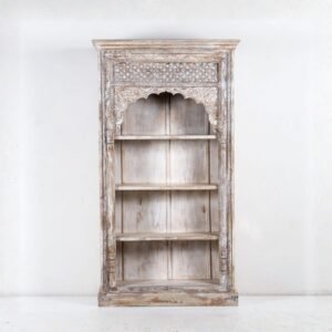 Handcrafted whitewashed jharokha carved wooden bookrack and display cabinet with traditional Indian arch design
