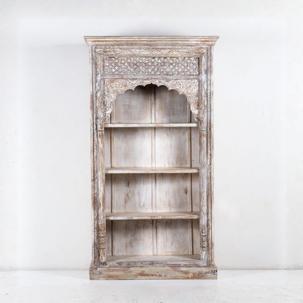 Handcrafted whitewashed jharokha carved wooden bookrack and display cabinet with traditional Indian arch design