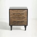 Black & Natural Hand-Carved Wooden Nightstand – Modern Geometric 2-Drawer Bedside Table