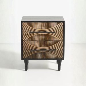 Black & Natural Hand-Carved Wooden Nightstand – Modern Geometric 2-Drawer Bedside Table