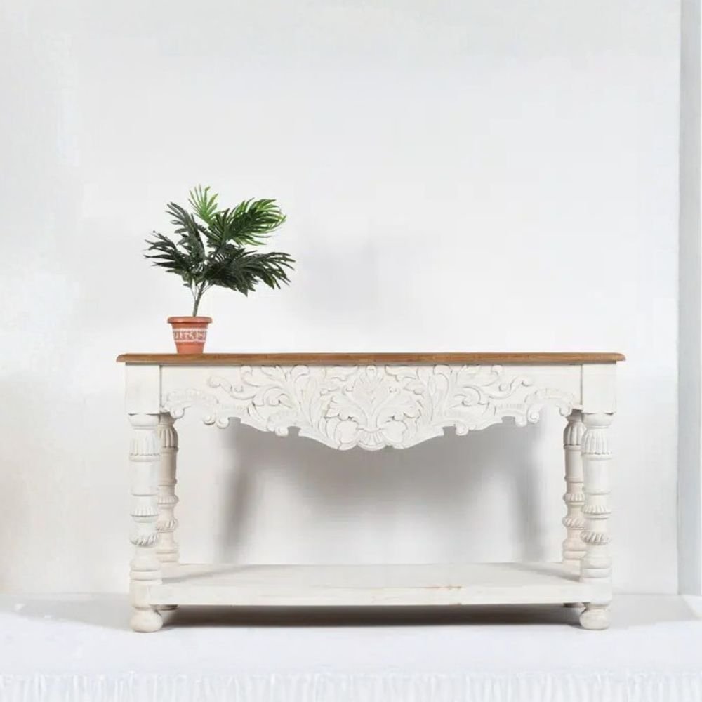 Handcrafted white carved wooden console table with natural wood top, turned legs, and floral apron design – 150 cm solid wood entryway table