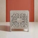 Hand-Carved Wooden Nightstand White washed – Lombok Mandala Floral 3-Drawer Bedside Table