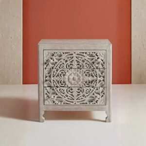 Hand-Carved Wooden Nightstand White washed – Lombok Mandala Floral 3-Drawer Bedside Table