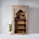Handcrafted jharokha carved wooden bookrack and display cabinet with traditional Indian arch design