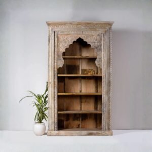 Handcrafted jharokha carved wooden bookrack and display cabinet with traditional Indian arch design