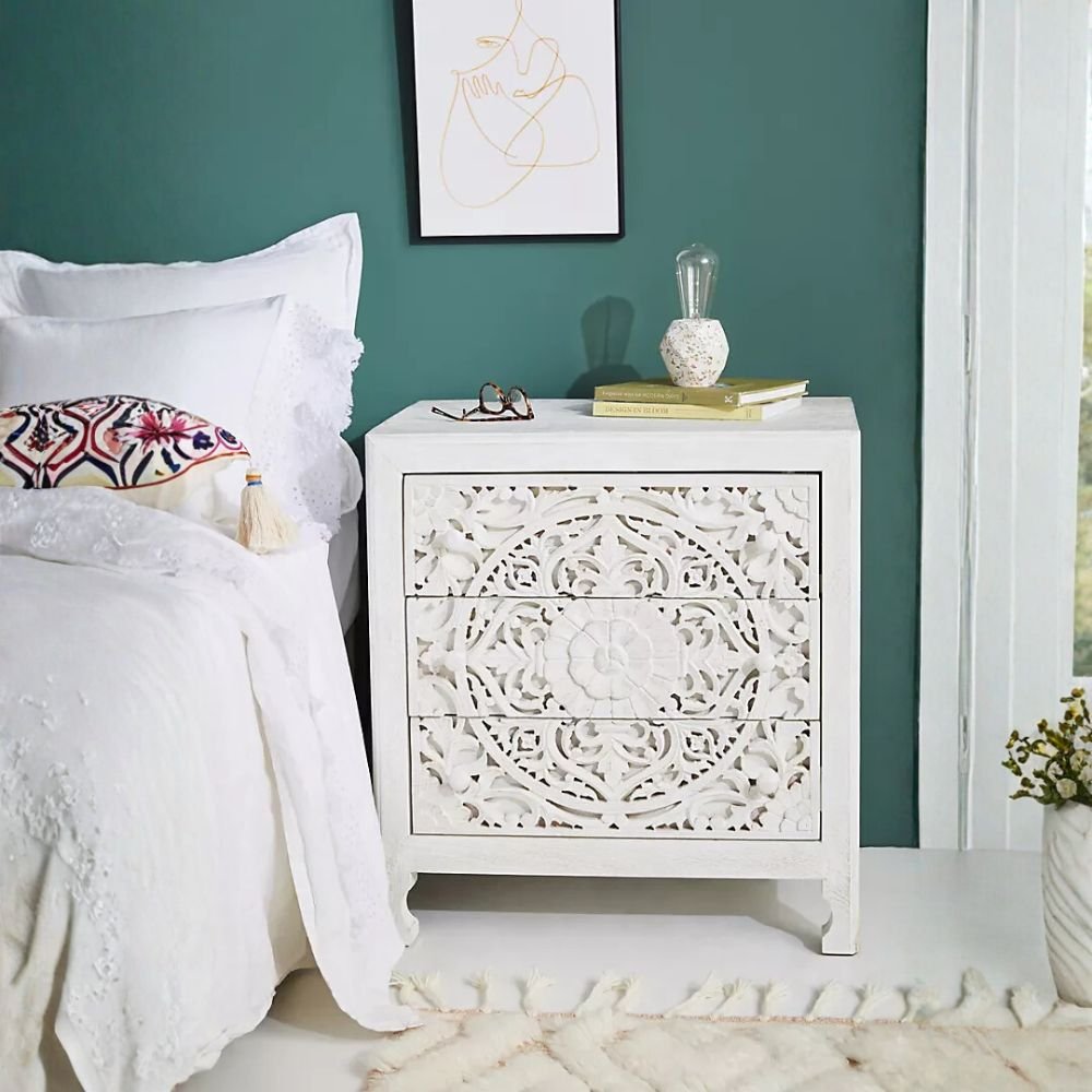 Hand-Carved Wooden Nightstand White – Lombok Mandala Floral 3-Drawer Bedside Table
