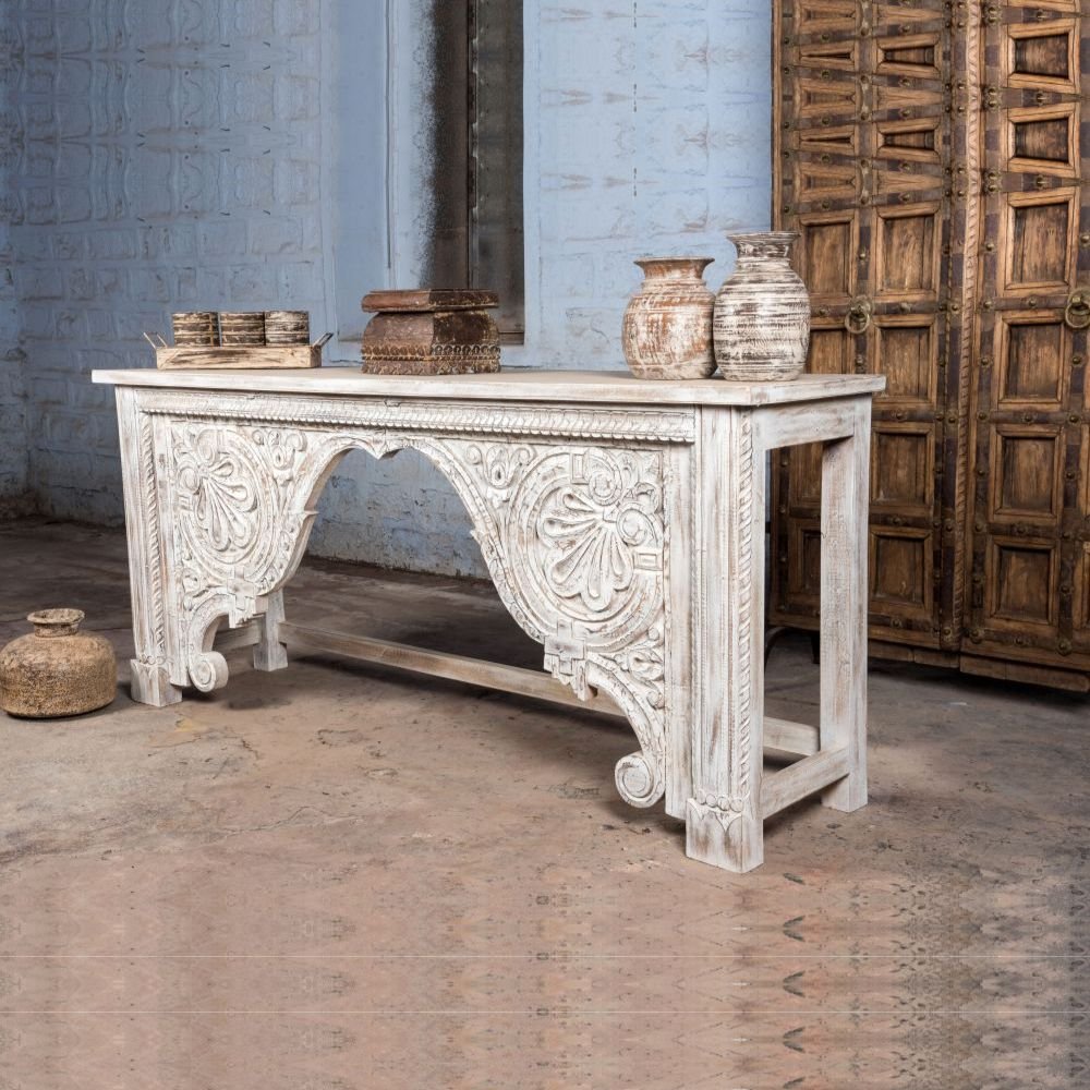 Handcrafted carved wooden console table in white distressed finish with intricate floral and arch detailing – 180 cm solid wood design