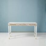 Modern White & Gold Geometric Writing Desk with Drawers – Wooden Office Table with Brass Accents