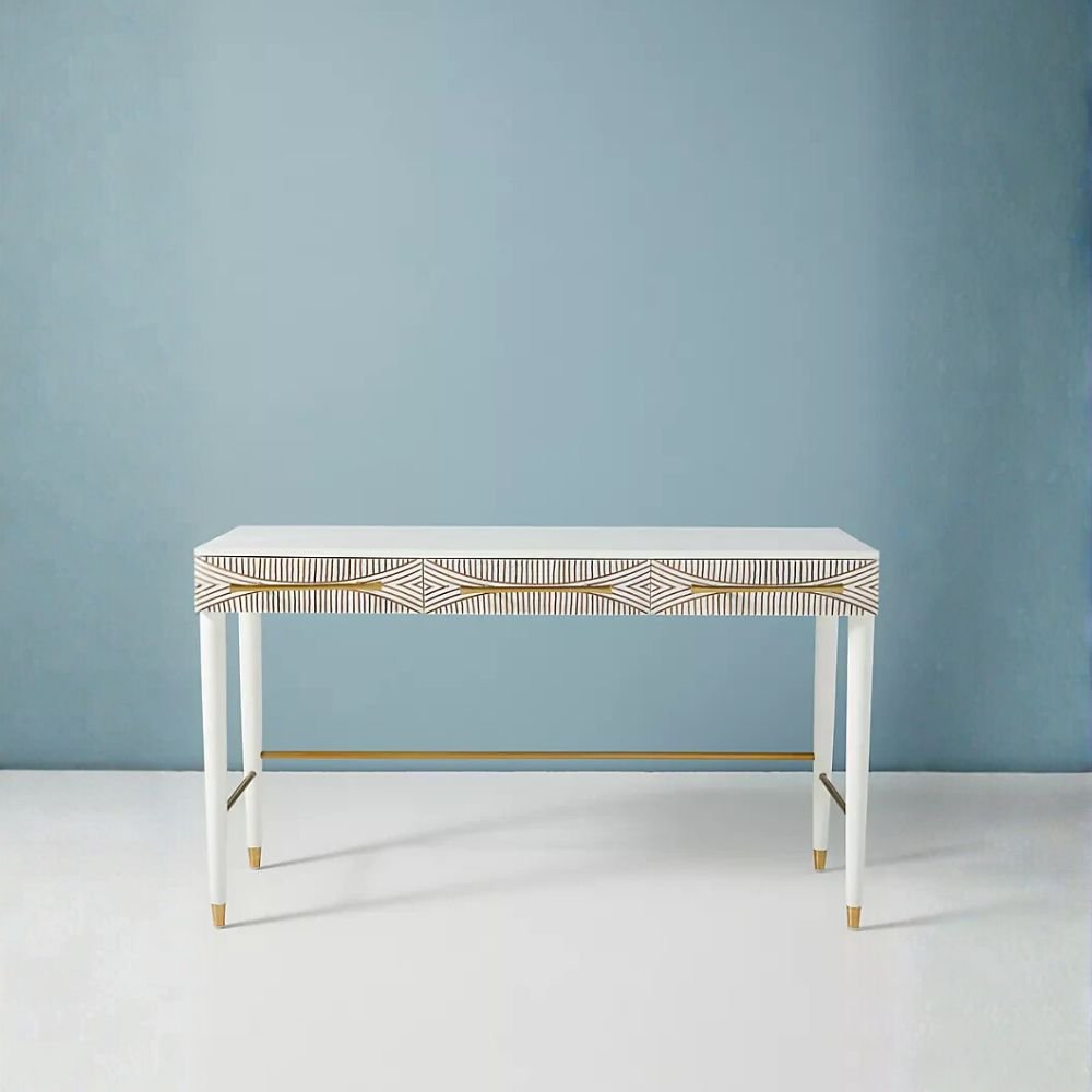Modern White & Gold Geometric Writing Desk with Drawers – Wooden Office Table with Brass Accents