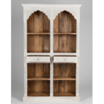 Hand carved whitewashed solid wood display cabinet with traditional Indian arch design and open shelving
