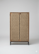 Handcrafted jute weave wooden cabinet with natural wood frame and woven jute doors