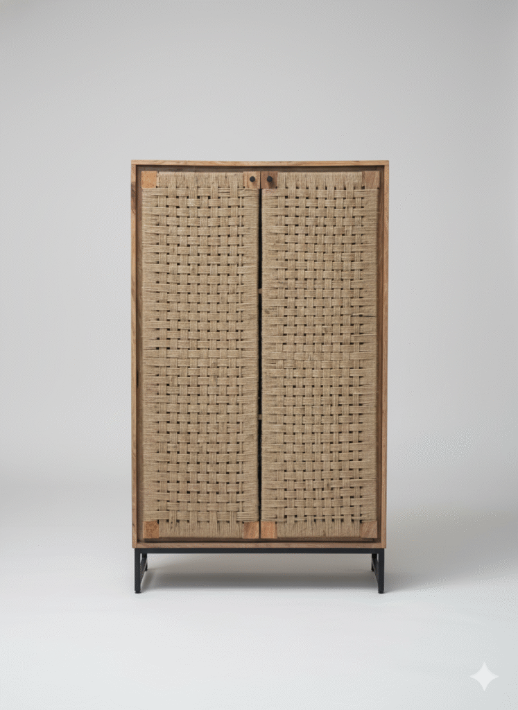 Handcrafted jute weave wooden cabinet with natural wood frame and woven jute doors