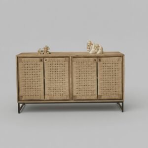 Handcrafted Jute Weave Wooden Sideboard – Boho Natural Wood Storage Cabinet on Metal Base
