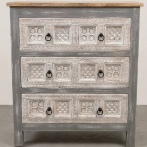 Hand carved wooden chest of drawers with distressed grey finish and decorative carved drawer panels