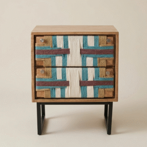 Handcrafted wooden nightstand with handwoven jute drawer fronts in geometric teal and natural pattern